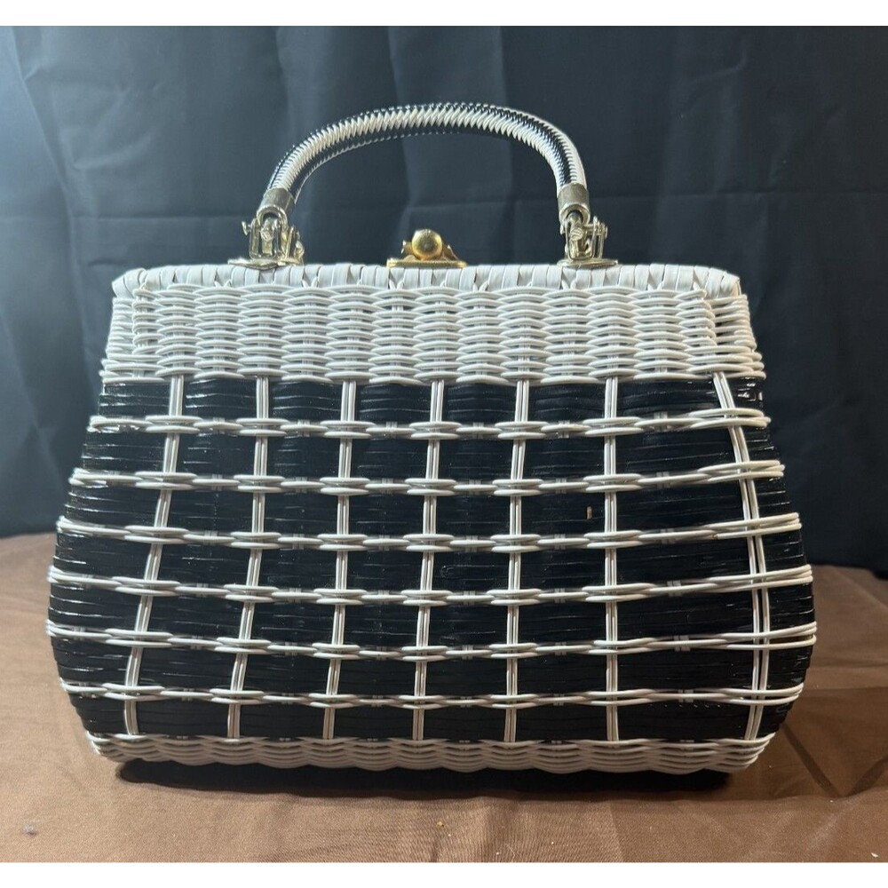 Vintage Original Black White Wicker Woven Handbag Large Tote Purse